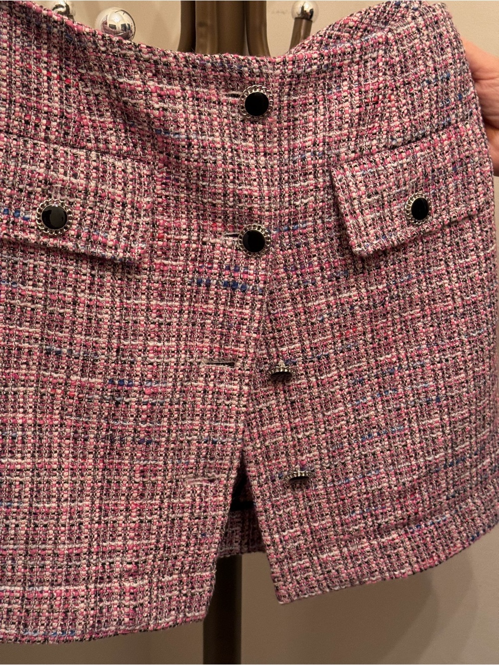 Avec Les Filles Pink Tweed Mini Skirt with Black Buttons